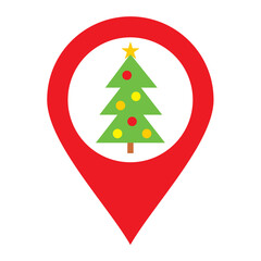 Christmas tree with pin map location logo vector icon, illustration, design, red point