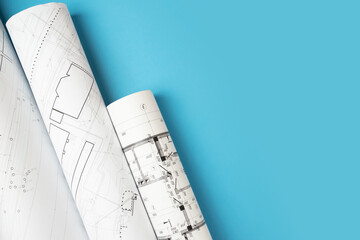 Construction, architecture, design, engineering, blueprints on a blue background, copy space