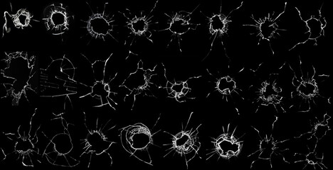 Big collection of cracks of broken glass on black background. 24 images in one picture. Concept of...