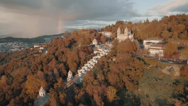 pull back Drone footage of Bom Jesus do Monte, in Braga Portugal. Its name means Good Jesus of the Mount. Drone shows the nature that surrounds the almost 250 year old grounds.