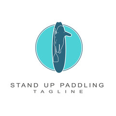 Woman posing with surfboard and paddle. Stand up paddle boarding logo design isolated on white background. Aerial view