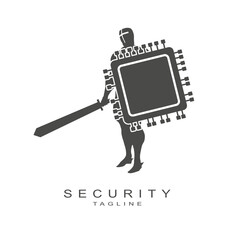 Knight with sword and microchip shaped shield. Cyber security logo design isolated on white background.