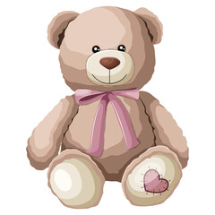 Vector illustration of cute little Teddy bear isolated on transparent. Plush toy for kids, children, Happy Valentine's day, clip-art concept.