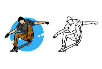 Obraz premium line art of skate boarding player. illustrations for kids learning to color. eps file