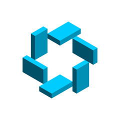 Obraz premium Geometric object made of blue rectangles around a star. Impossible shape. Bricks or blocks unique isometric projection. Penrose Esher figure. 3D Puzzle game pieces. Vector illustration, clip art.