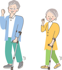  杖を使って歩くシニア男女のイラスト素材