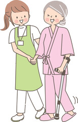 シニア女性を介助する若い介護士のイラスト