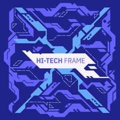 Futuristic hi-tech badge, frame or border. Futuristic HUD. Modern technology banner in cyberpunk style. Abstract sci-fi text box with glitch effect. Vector illustration