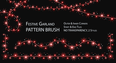 Fototapeta na wymiar Pattern seamless brush with festive garland like sparkler. Red glowing sparkles, stars on wire strings. Brush with round halftone shapes and brush without it. No transparency