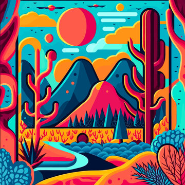 Abstract colorful vector illustration of a desert landscape with cacti, mountains and trees