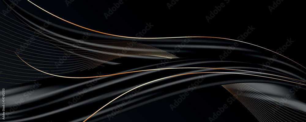 Wall mural abstract 3d black background with golden lines