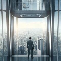 Illustration about businessman looking at cityscape in elevator. Made by AI. Ultra high resolution.