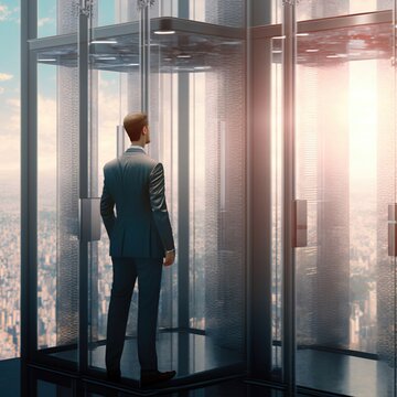 Illustration about businessman looking at cityscape in elevator. Made by AI. Ultra high resolution.