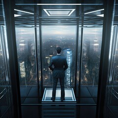 Fototapeta na wymiar Illustration about businessman looking at cityscape in elevator. Made by AI. Ultra high resolution.