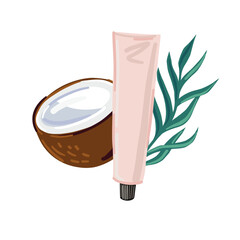 Coconut face cream in pink tube. vector beauty and fashion illustration.  - 547613517