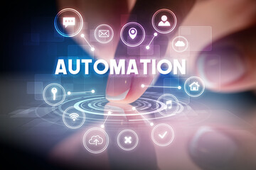 Finger touching tablet with web technology icons concept