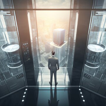 Illustration about businessman looking at cityscape in elevator. Made by AI. Ultra high resolution.