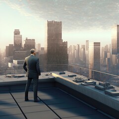 Fototapeta premium Illustration about businessman with cityscape. Made by AI. Ultra high resolution.