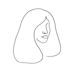 Woman with long hair portrait. One line female portrait. One line modern art. Fashion poster.  - 547613783