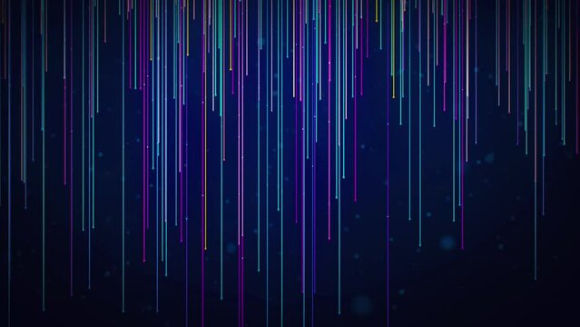 Abstract Dark Blue Purple Yellow Shiny Vertical Straight Hairy Fiber Dotted Lines Particles Moving Down With Bokeh Sparkle Dust Background, 15-30Sec Seamless Loop