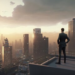 Plakat Illustration about businessman with cityscape. Made by AI. Ultra high resolution.