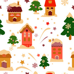 Seamless vector pattern with cute Christmas tree and colorful houses on a white background.