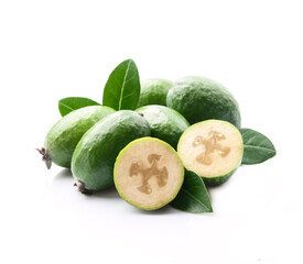 Feijoa fruits with leaves on white backgrounds.