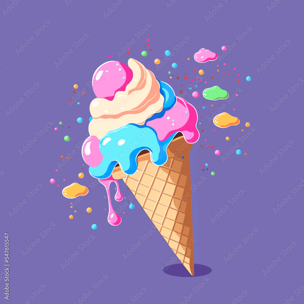 Poster Vector illustration of ice cream cone isolated on purple  background