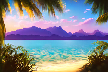 Landscape of tropical island with sea palm trees and mountains Design for banner and social media . Travel concept