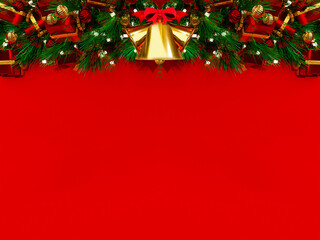 Christmas background 3D rendering. Top view of Christmas gift box  with spruce branches, pine cones on red background.