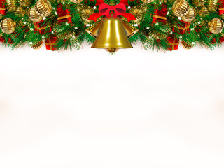 Christmas background 3D rendering. Top view of Christmas gift box  with spruce branches, pine cones and the bells on white background.