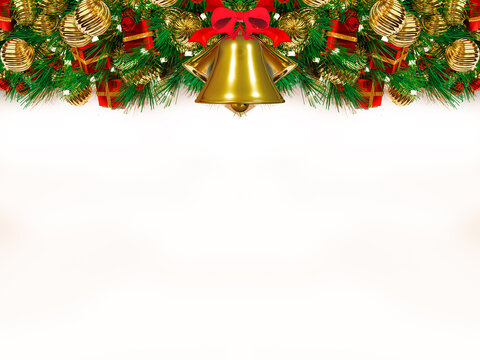 Christmas background 3D rendering. Top view of Christmas gift box  with spruce branches, pine cones and the bells on white background.
