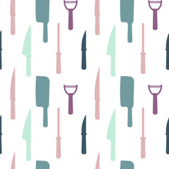 Seamless pattern with elements of kitchen utensils in pastel colors. For packaging, paper, design.