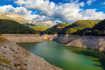 View of the Sau reservoir at 18% of its capacity, due to the drought at the end of autumn 2022, due to climate change