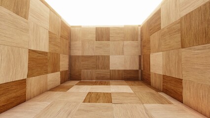 Fototapeta premium checker wood wall background for showing product. 3D rendering. simple background liminal space