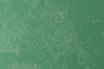 Stylized map of the streets of Marrakesh (Morocco) made with white lines on green background. Top view. 3d render, illustration