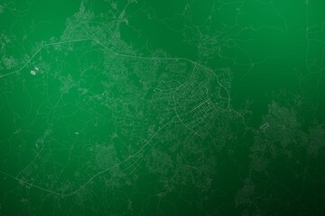 Map of the streets of Abuja (Nigeria) made with white lines on abstract green background lit by two lights. Top view. 3d render, illustration