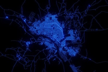 Street map of Niamey (Niger) made with blue illumination and glow effect. Top view on roads network