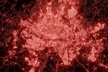 Obraz premium Street map of Johannesburg (South Africa) made with red illumination and glow effect. Top view on roads network. 3d render, illustration