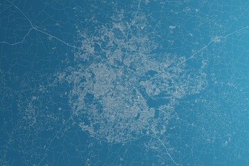 Map of the streets of Bangalore (India) made with white lines on blue paper. Rough background. 3d render, illustration