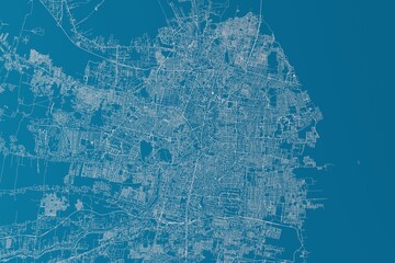Map of the streets of Surabaya (Indonesia) made with white lines on blue background. 3d render, illustration