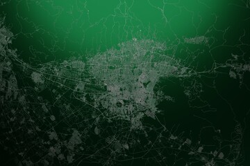 Street map of Tehran (Iran) engraved on green metal background. Light is coming from top. 3d render, illustration
