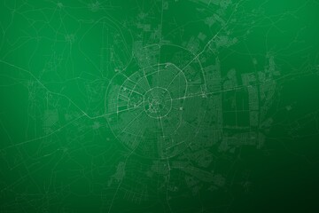 Map of the streets of Erbil (Iraq) made with white lines on abstract green background lit by two lights. Top view. 3d render, illustration - obrazy, fototapety, plakaty