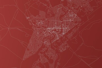Map of the streets of Atyrau (Kazakhstan) made with white lines on red background. Top view. 3d render, illustration