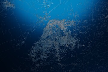 Street map of Lahore (Pakistan) engraved on blue metal background. View with light coming from top. 3d render, illustration