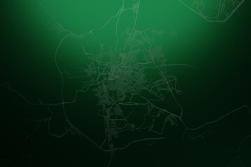 Street map of Taif (Saudi Arabia) engraved on green metal background. Light is coming from top. 3d render, illustration