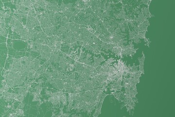 Stylized map of the streets of Sydney (Australia) made with white lines on green background. Top view. 3d render, illustration