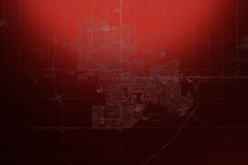 Street map of Regina (Canada) engraved on red metal background. Light is coming from top. 3d render, illustration
