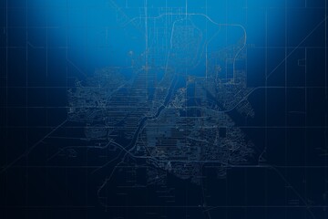 Street map of Saskatoon (Canada) engraved on blue metal background. View with light coming from top. 3d render, illustration