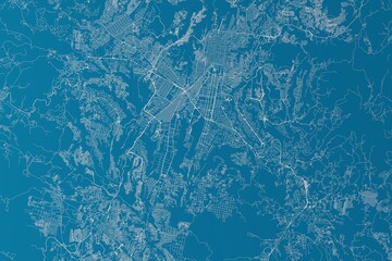 Map of the streets of Guatemala made with white lines on blue background. 3d render, illustration